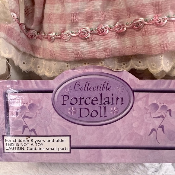 Collectible Porcelain Doll with Brown Curl Hair Pink Dress Straw Hat with Stand - Picture 2 of 13